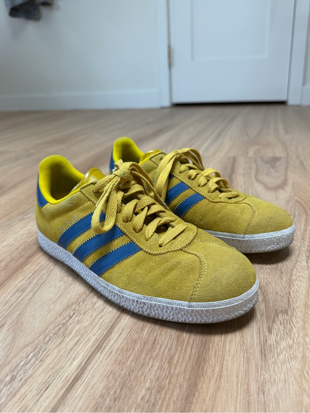 adidas Men’s Yellow Suede Gazelles with Blue Stripes